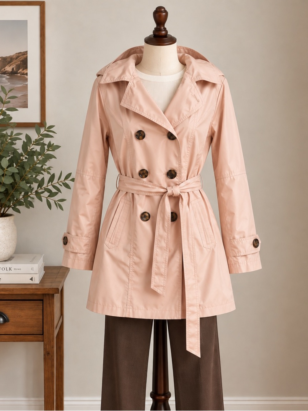 Blush Pink Hooded Trench Coat S Belted Coquette Parisian Preppy Raincoat